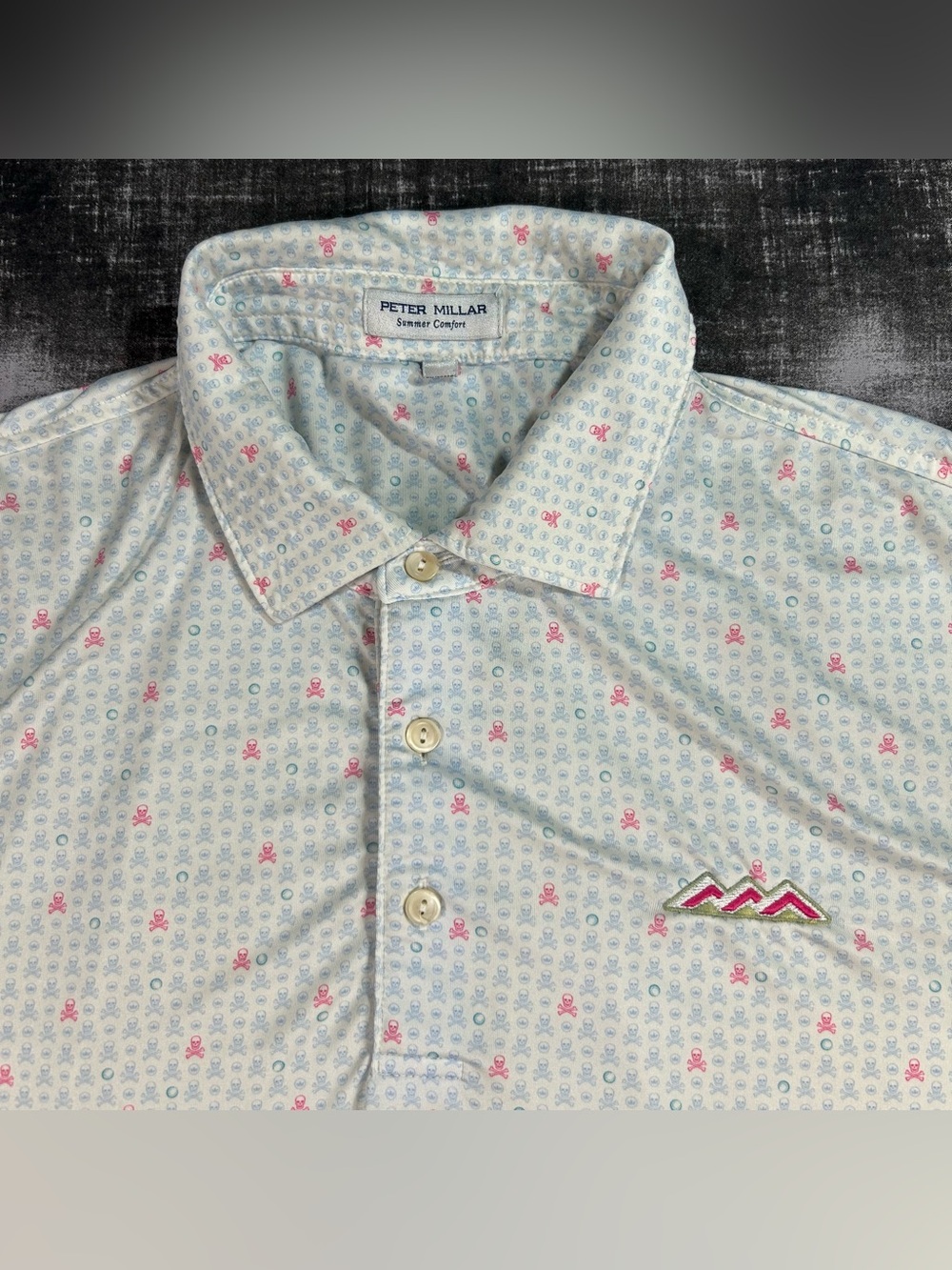 Peter Millar Summer Comfort Polo Men Medium Blue/White Skull Crossbone AOP Shirt